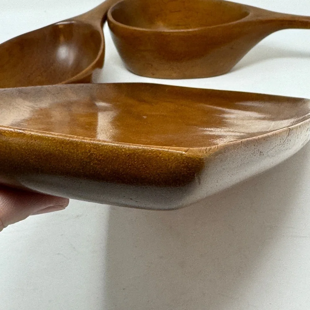Vintage Hand Carved Haiti Mahogany Wood Serving Set Tray & 2 Scoops MCM Artisian
